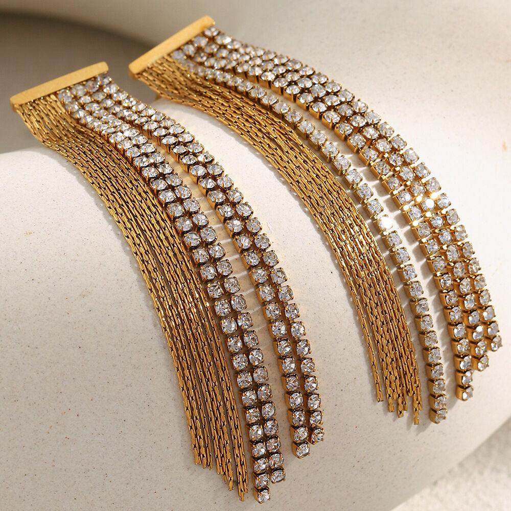 1 Pair Exquisite Tassel Stainless Steel Waterproof Gold Color Zircon Women's Party Earrings