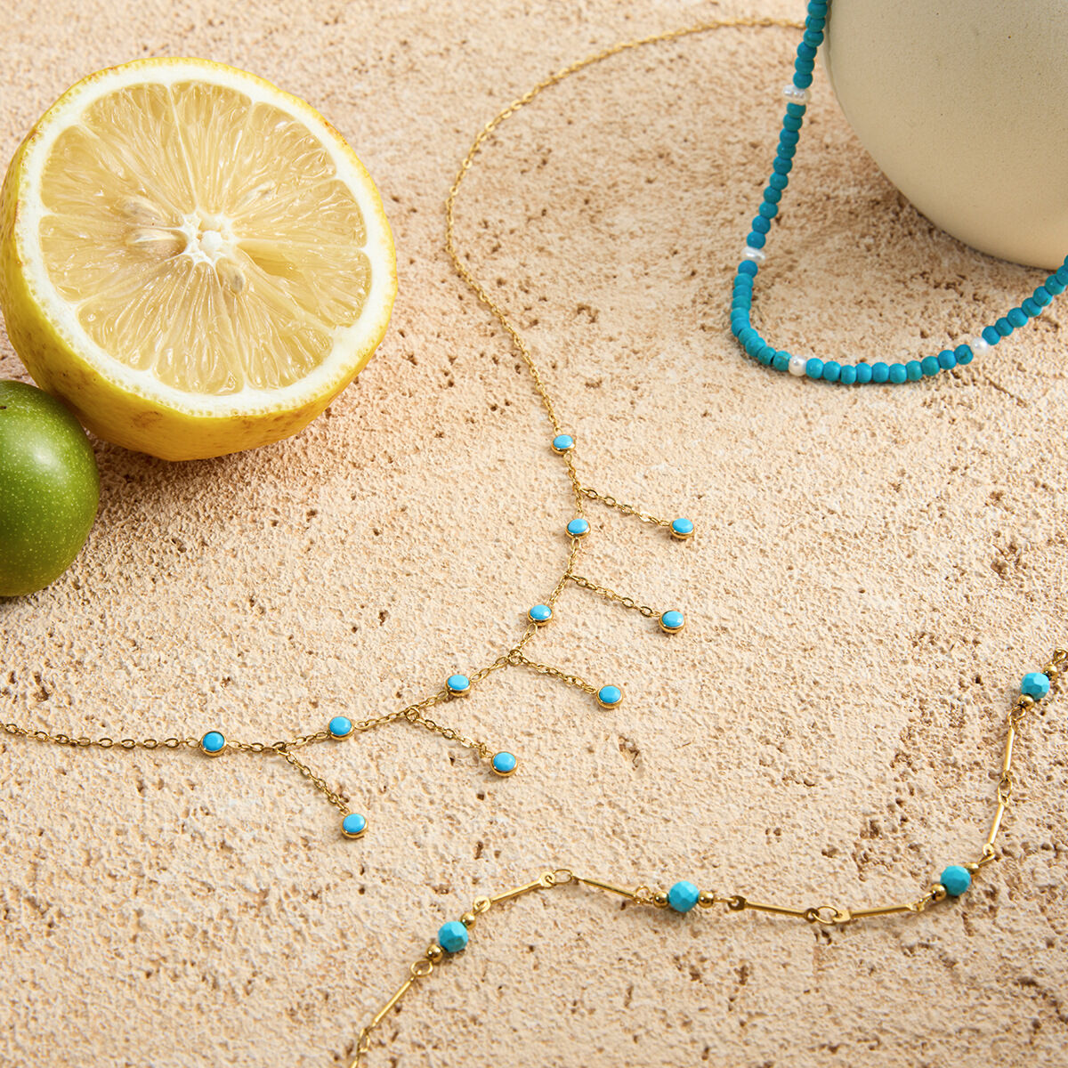 Collier classique pour femme en acier inoxydable Calaite, couleur or, avec pierre naturelle et chaîne, 1 pièce h5 Image3