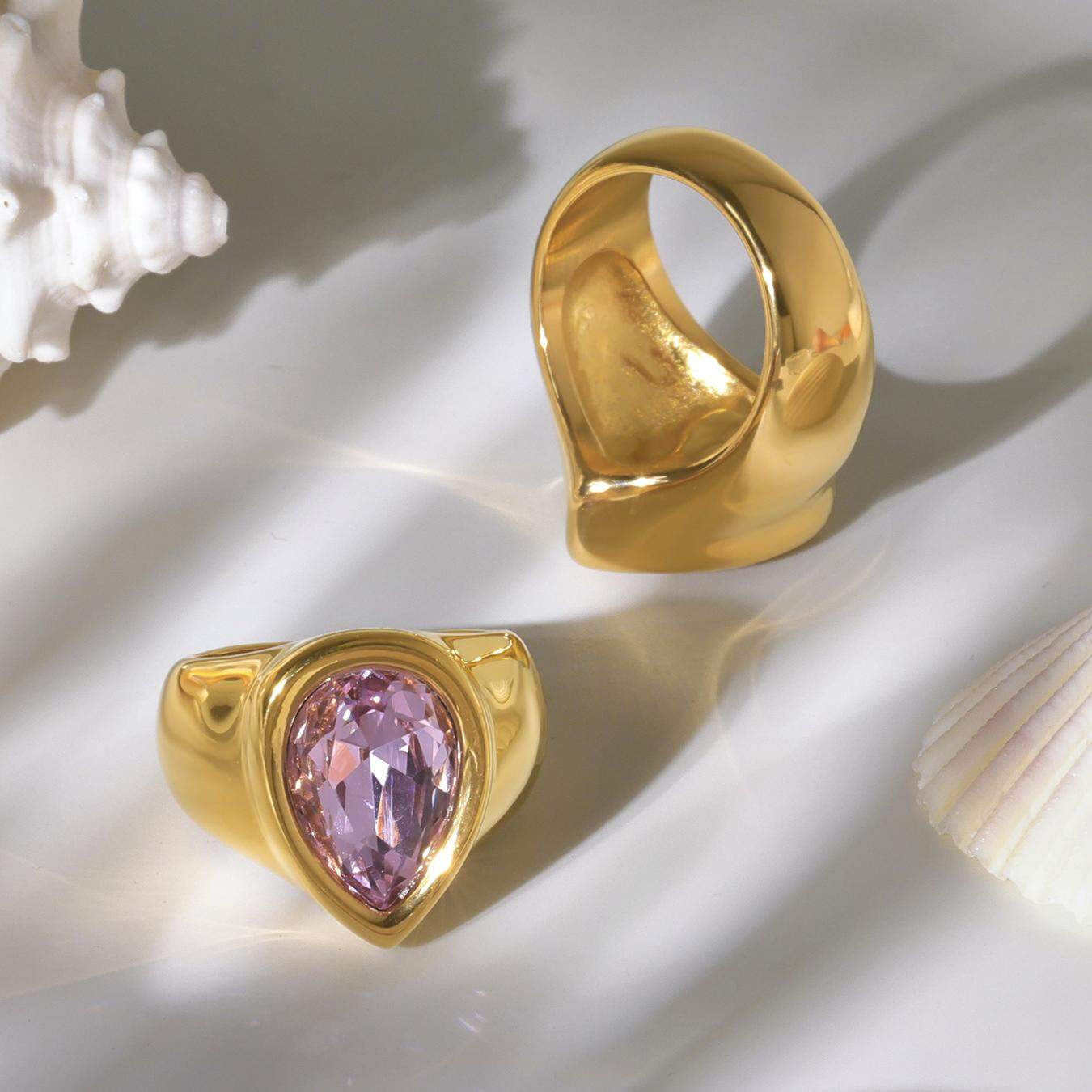 1 Stück Romantischer Tropfenring aus Edelstahl, wasserdicht, goldfarben, mit Zirkonia-Edelstein h5 Bild6
