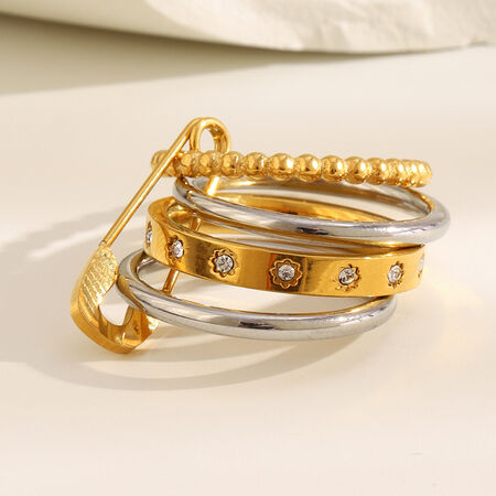 1 Piece Classic Mixed Gold & Silver Colors Stainless Steel Waterproof Zircon Statement Rings
