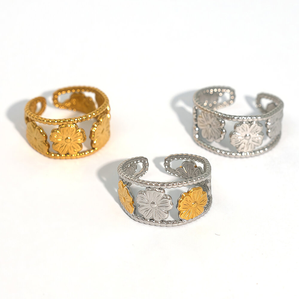 1 Piece Simple Elegant Flower Stainless Steel Waterproof Gold Color Women's Statement Rings Picture5