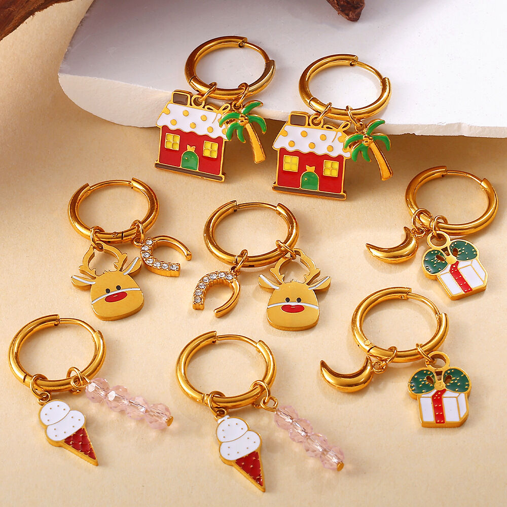 1 par de pendientes colgantes navideños de acero inoxidable, resistentes al agua y de color dorado. h5 Imagen3