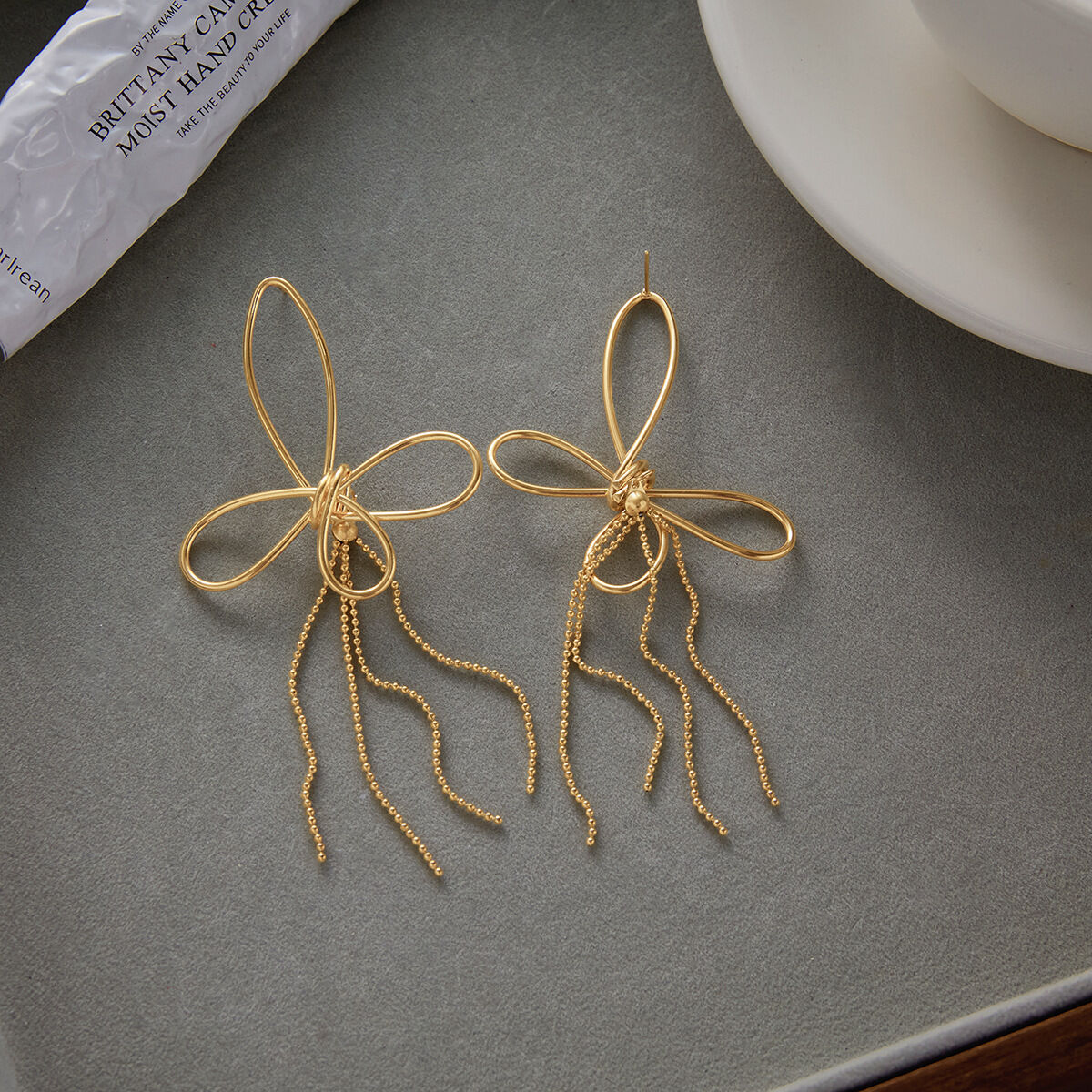 1 Pair Gorgeous Bow Knot Tassel Stainless Steel Waterproof Gold Color Women's Dangle Earrings Picture4