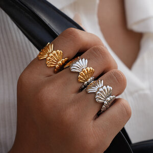 1 Piece Simple Casual Shell Stainless Steel Waterproof Gold Color Women’s Statement Rings h5 Picture5