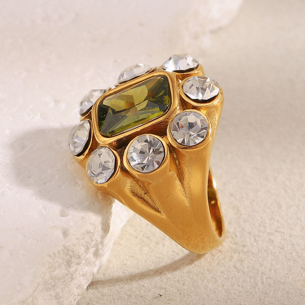 1 Piece Luxurious Rectangle Stainless Steel Waterproof Gold Color Zircon Women's Gemstone Rings Picture3