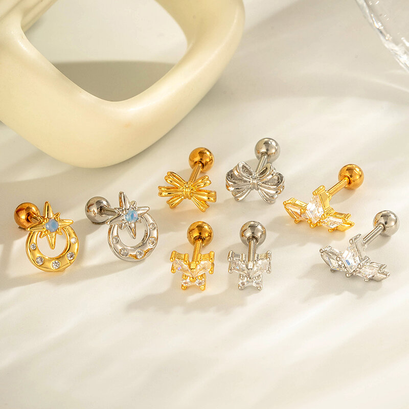 1 Piece Bow Knot Copper Gold Color  Zircon Piercing Earring