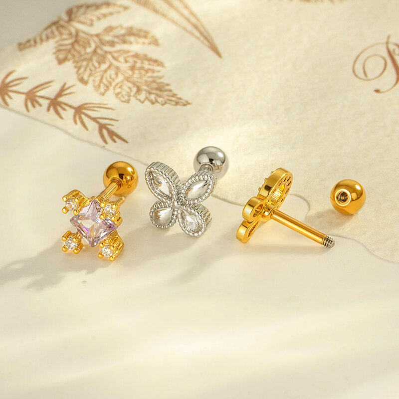 1 Adet Çiçek Bakır Altın Rengi Zirkonyum Piercing Küpe 2