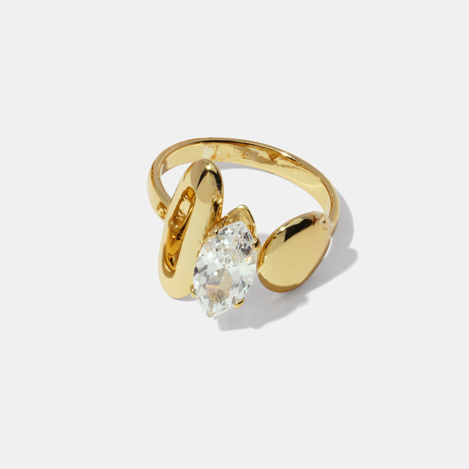 Irregular Shape Stainless Steel Waterproof Gold Color Zircon Gemstone Ring h5Picture2