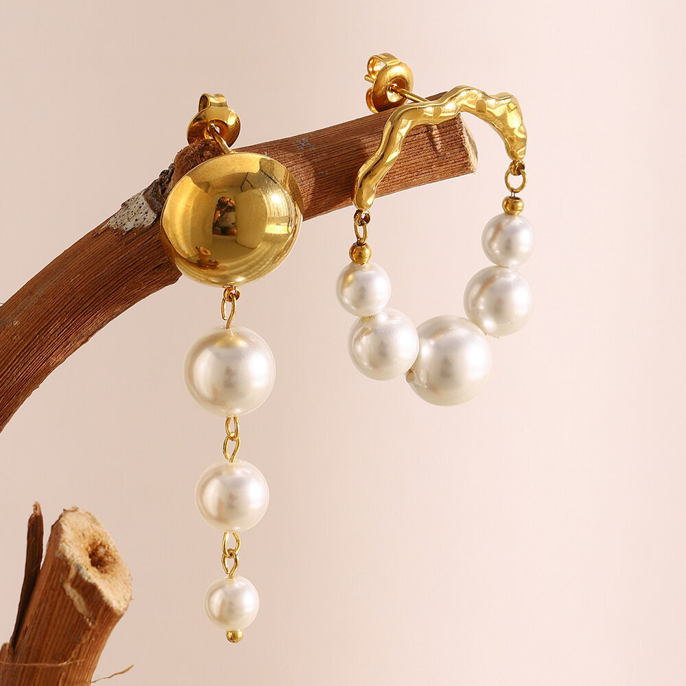 1 Pair Classic Annular Beads Circle Stainless Steel Waterproof Gold Color Women's Beads Earrings