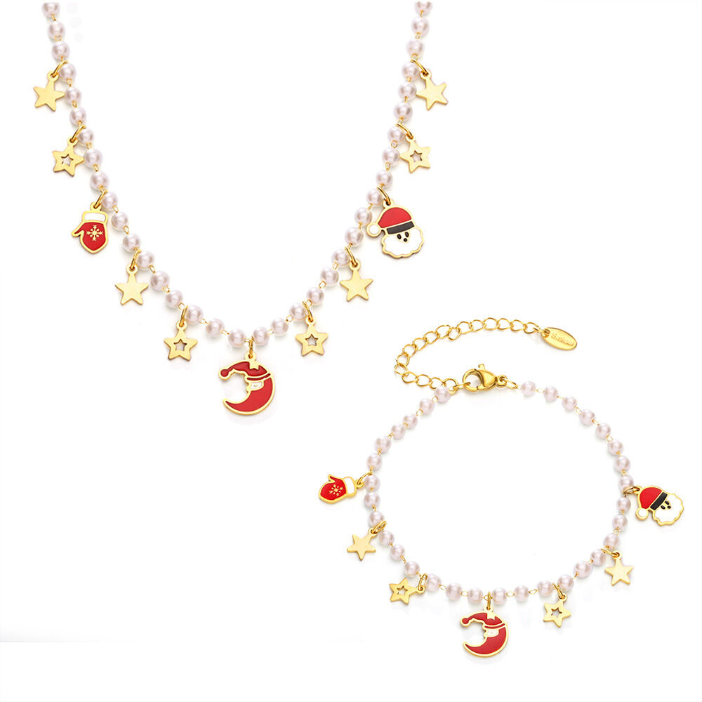 Weihnachtshandschuh-Set aus wasserdichtem Edelstahl in Goldfarbe, Damenschmuck-Set 2