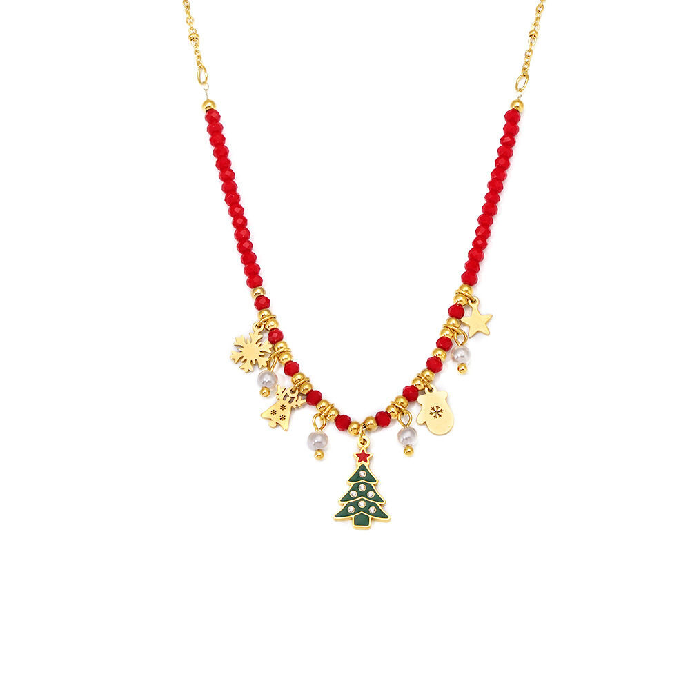 Collane con ciondolo da donna in zircone color oro impermeabile in acciaio inossidabile con albero di Natale classico h5Immagine3