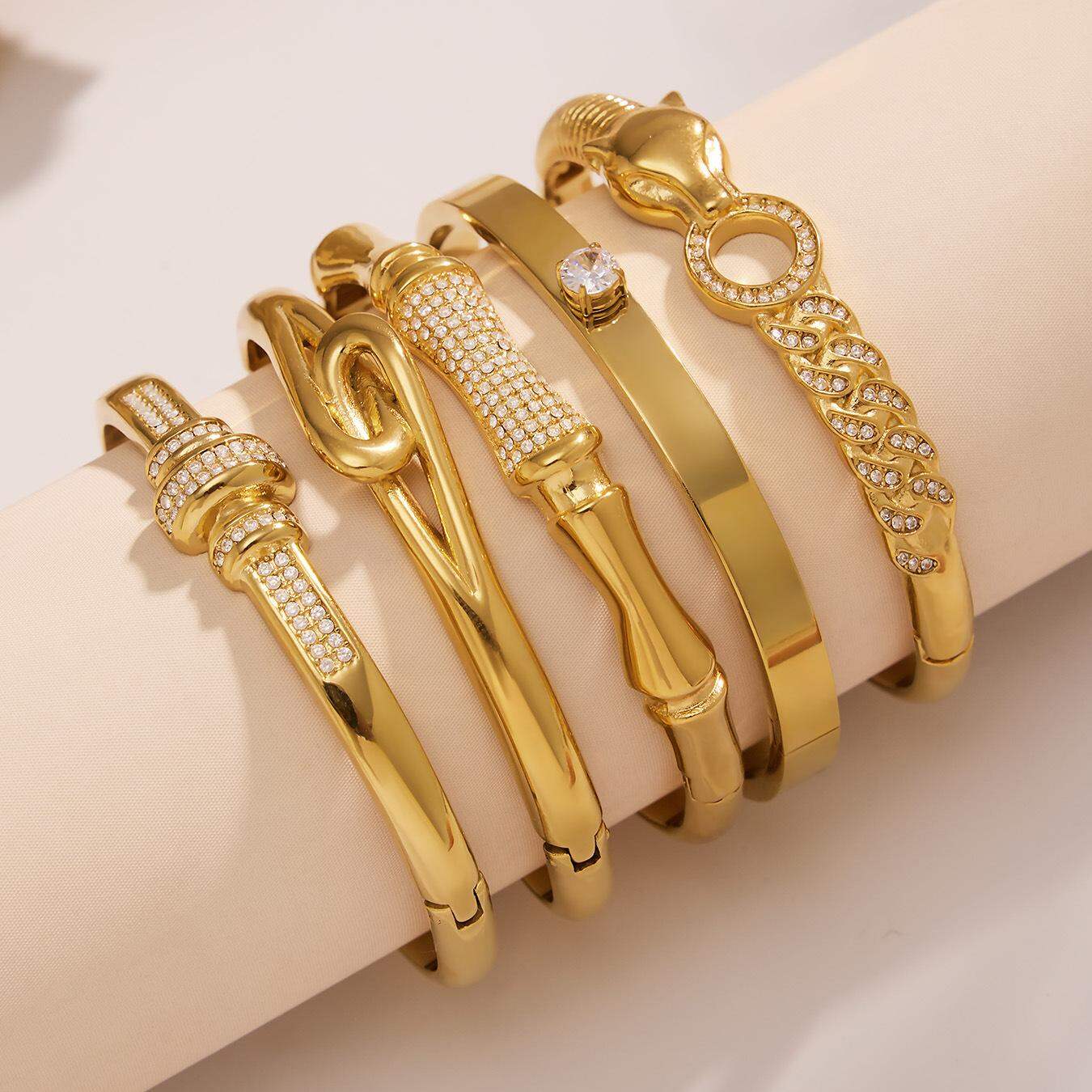 1 Piece Designable Irregular Shape Twist Stainless Steel Waterproof Gold Color Zircon Women's Bangles 2