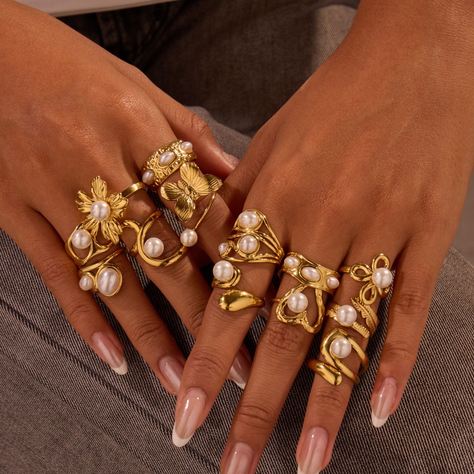 1 Piece Simple Flower Irregular Shape Twist Stainless Steel Waterproof Gold Color Statement Rings