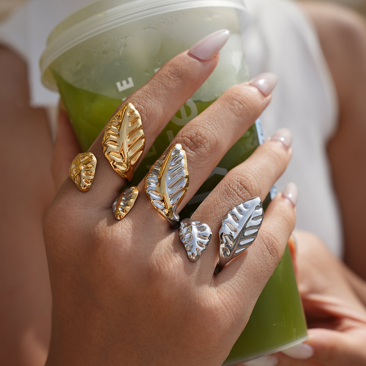 1 stuk Simple Series Natural Leaf roestvrijstalen waterdichte statement ring voor dames 2
