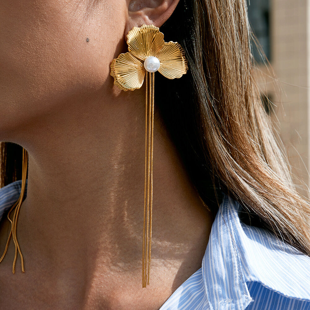1 Pair Elegant Flower Tassel Stainless Steel Waterproof Gold Color Women's Dangle Earrings Picture3