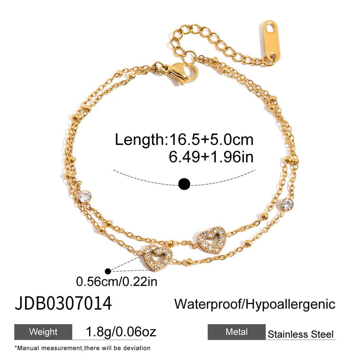 1 Piece Luxurious Heart Stainless Steel Waterproof Gold Color Women's Chain Bracelets h5
