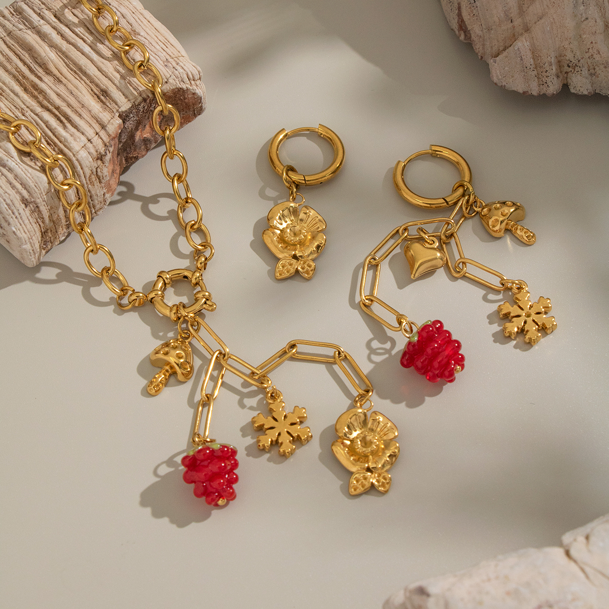Romantic Flower Grape Stainless Steel Waterproof Gold Color Necklace Set