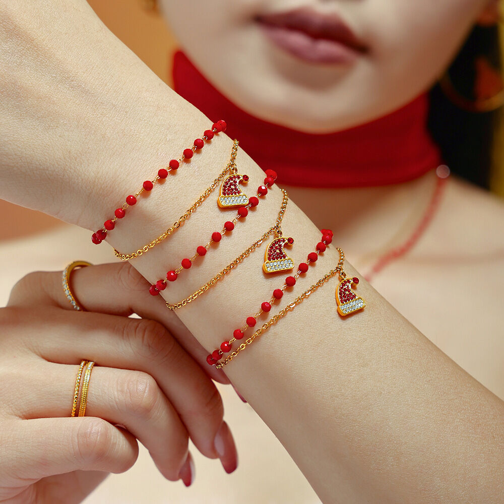 Santa Hat Stainless Steel Waterproof Gold Color Zircon Women's Jewelry Sets Picture5