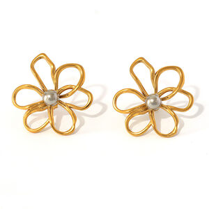 1 Pair Simple Natural Flower Stainless Steel Waterproof Gold Color Women's Stud Earrings h5