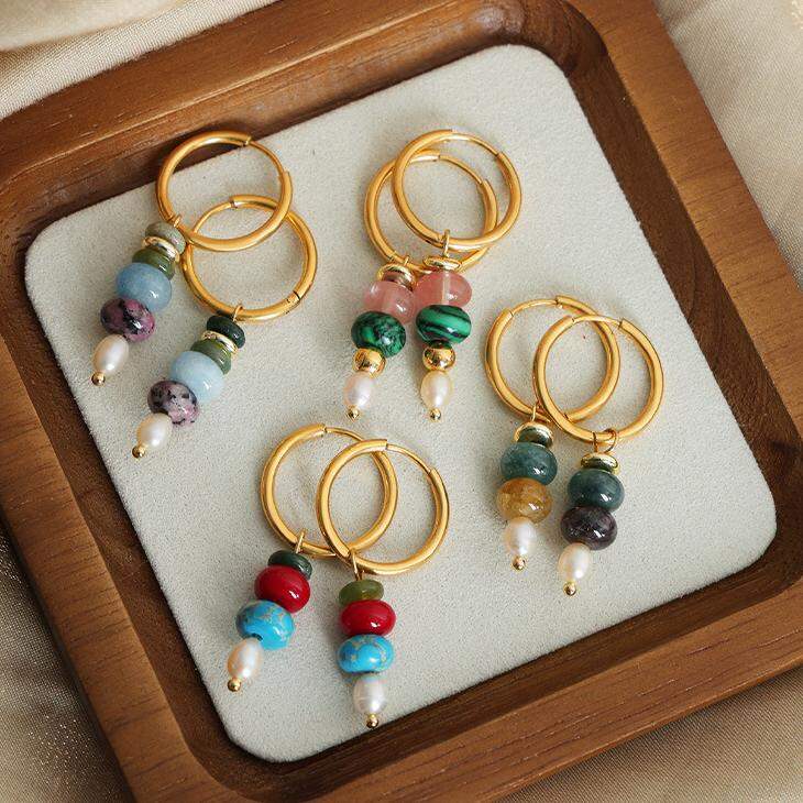 1 paio di eleganti orecchini pendenti da donna in acciaio inossidabile con perline e pietra naturale impermeabile h5 Immagine2