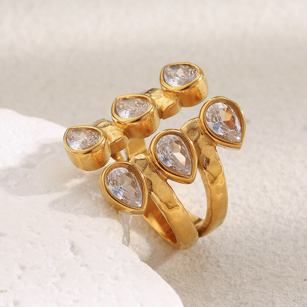 1 Piece Elegant Droplet Double-layer Stainless Steel Waterproof Gold Color Zircon Women's Gemstone Rings h5 Picture3