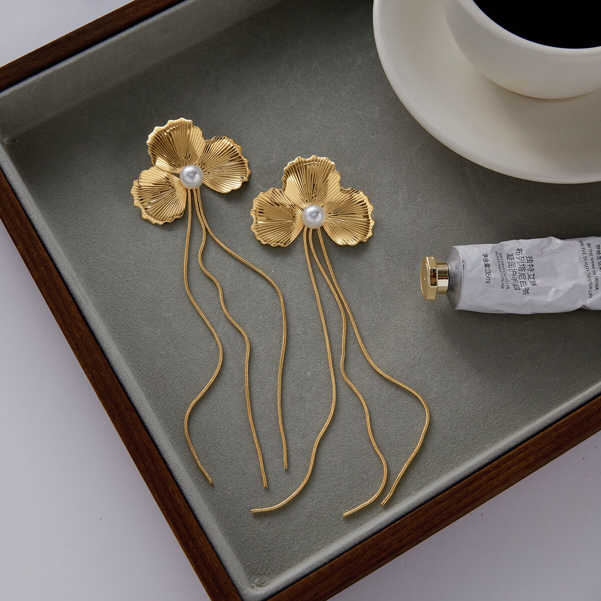 1 Pair Elegant Flower Tassel Stainless Steel Waterproof Gold Color Women's Dangle Earrings Picture6