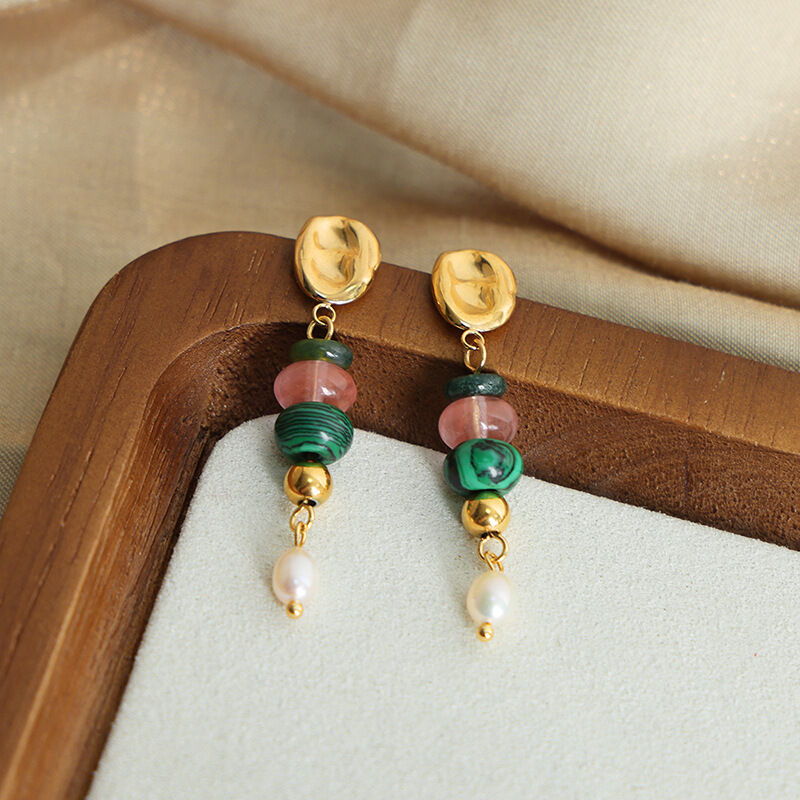 1 paio di orecchini pendenti da donna in acciaio inossidabile, impermeabili, color oro, con perline di pietra naturale personalizzabili h5Immagine5
