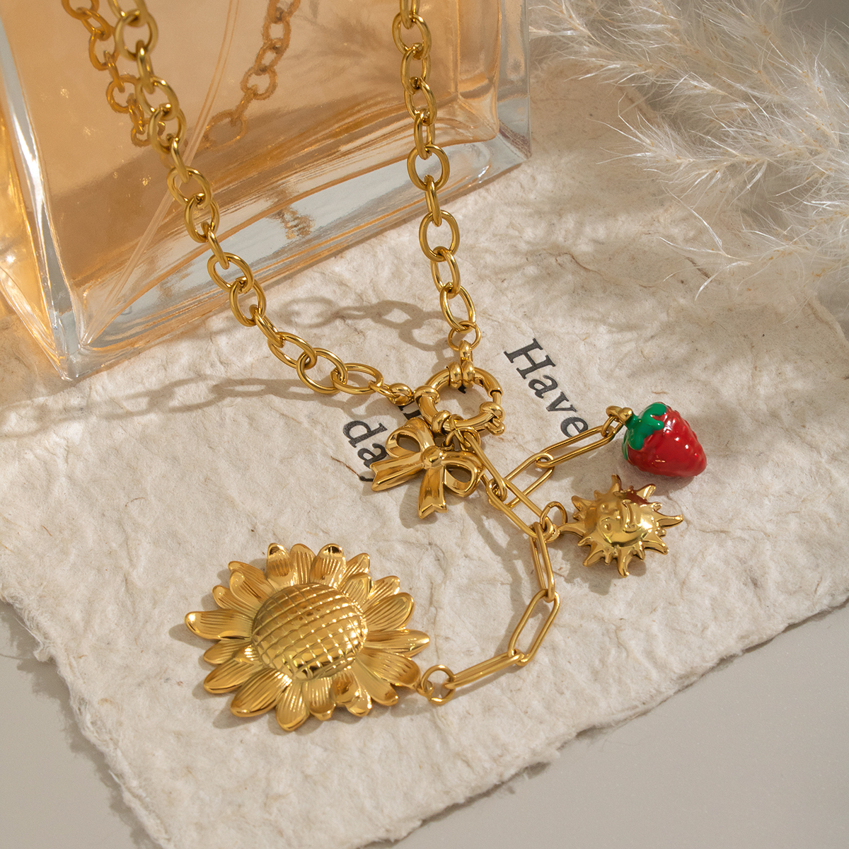 Romantic Flower Strawberry Stainless Steel Waterproof Gold Color Necklace Set 2