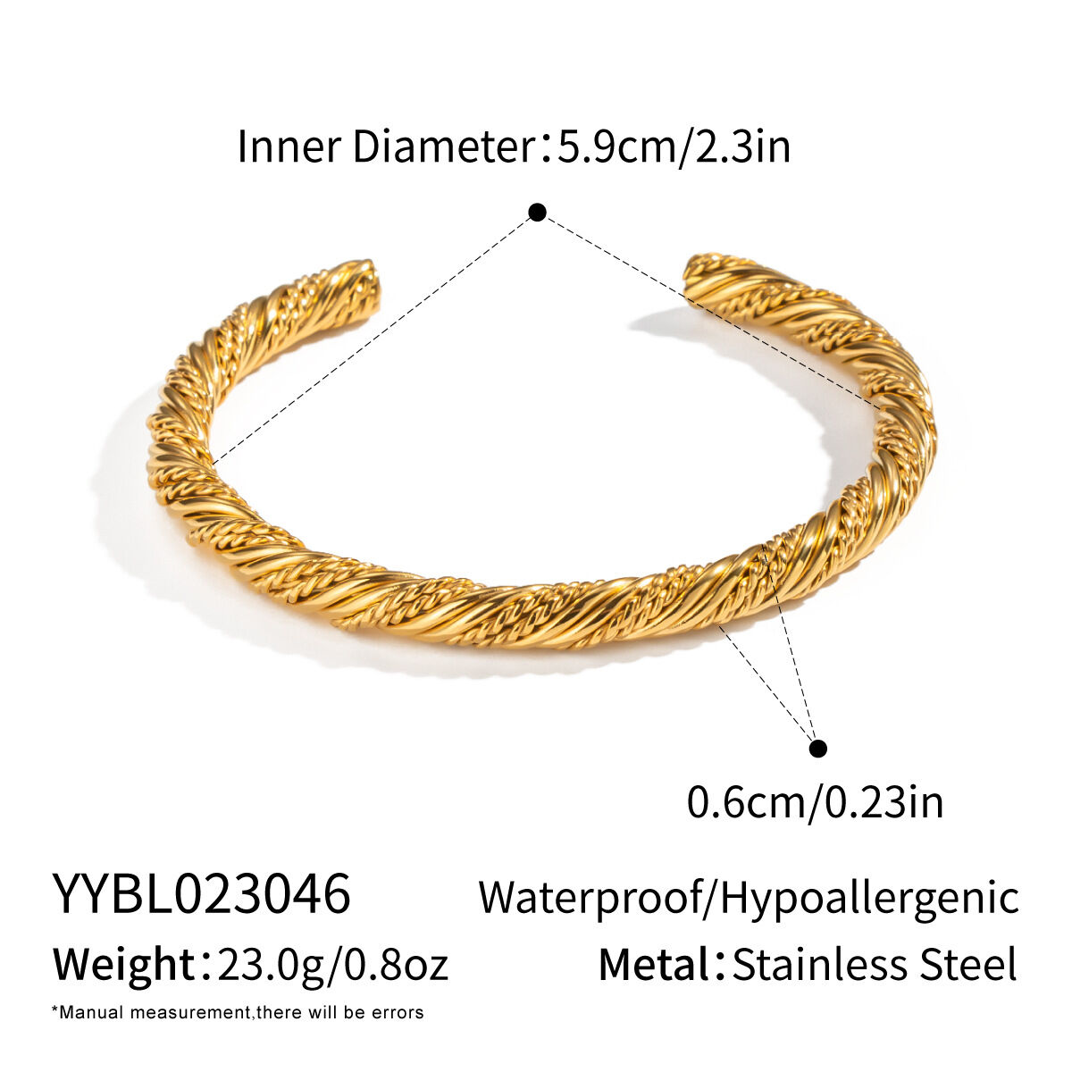 1 Piece Stainless Steel Waterproof Gold Color Cuff Bracelet 