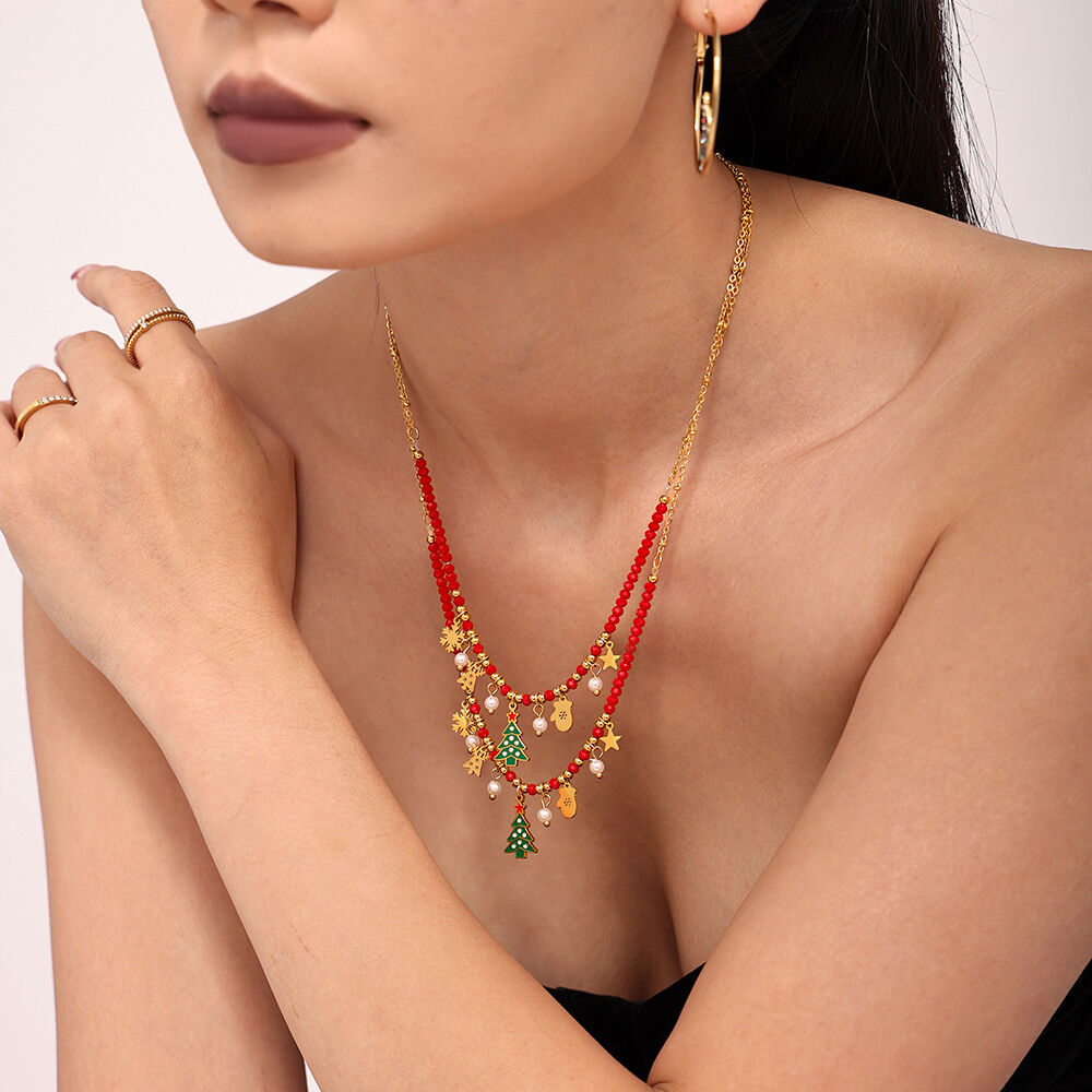 Collane con ciondolo da donna in zircone color oro impermeabile in acciaio inossidabile con albero di Natale classico h5Immagine6