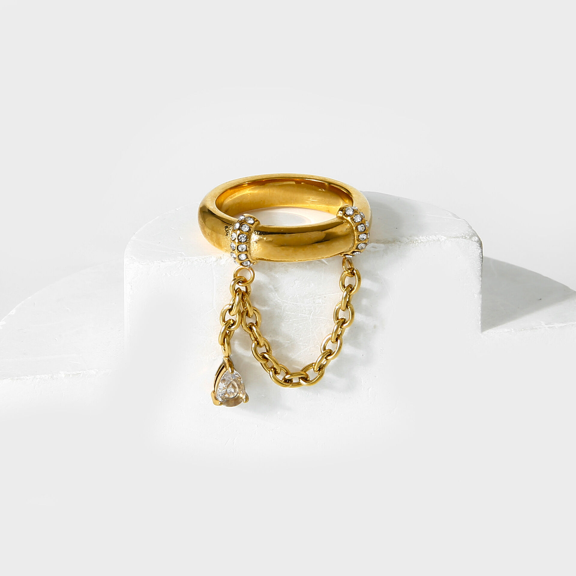 1 Piece Luxurious  Retro Droplet Chain Stainless Steel Waterproof   Zircon Statement Rings