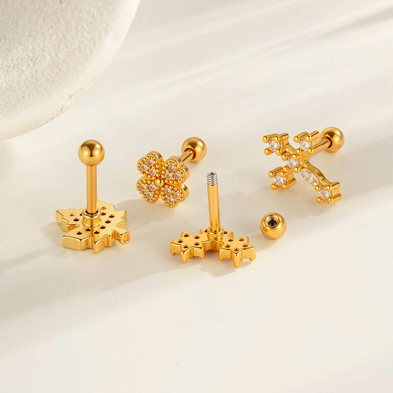 1 Adet Haç Bakır Altın Renkli Zirkonyum Piercing Küpe 2