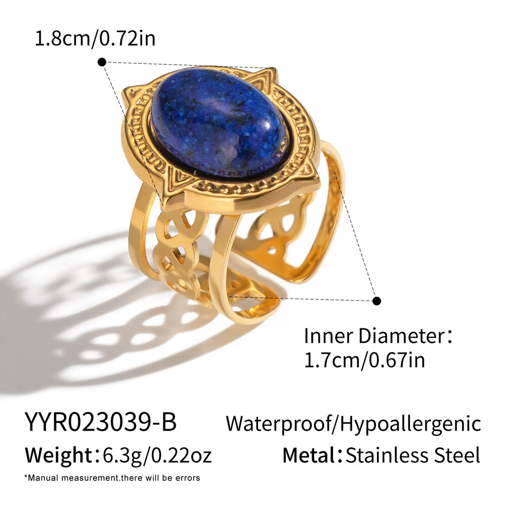 1 Piece Retro Strip Oval Lines Stainless Steel Waterproof Gold Color Natural Stone Women's Gemstone Rings