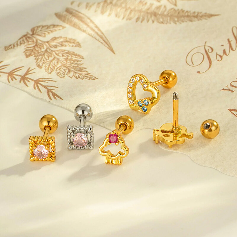 1 Parça Kalp Bakır Altın Renkli Zirkonyum Piercing Küpe h5Resim3