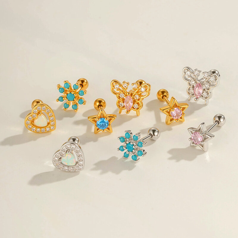 1 Adet Kalp Kelebek Bakır Altın Rengi Zirkonyum Piercing Küpe