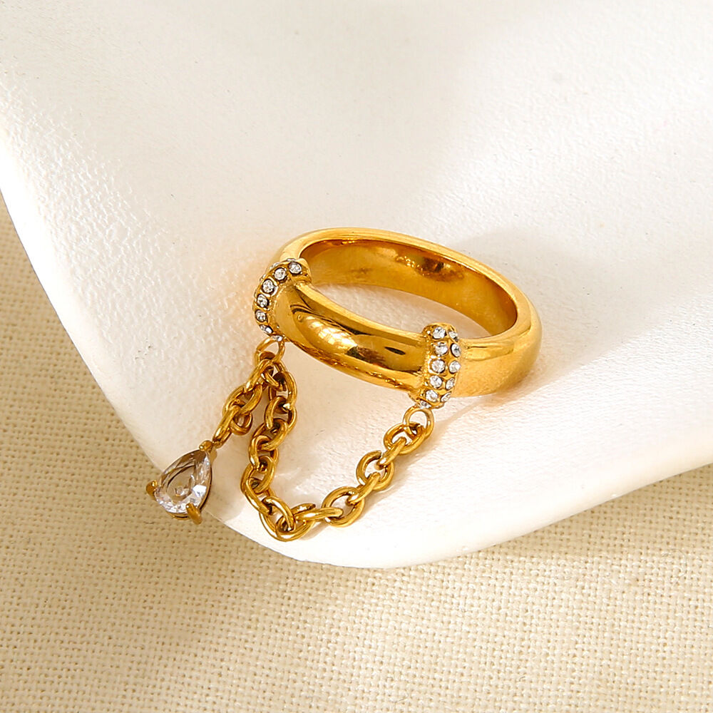 1 Piece Luxurious  Retro Droplet Chain Stainless Steel Waterproof   Zircon Statement Rings 2