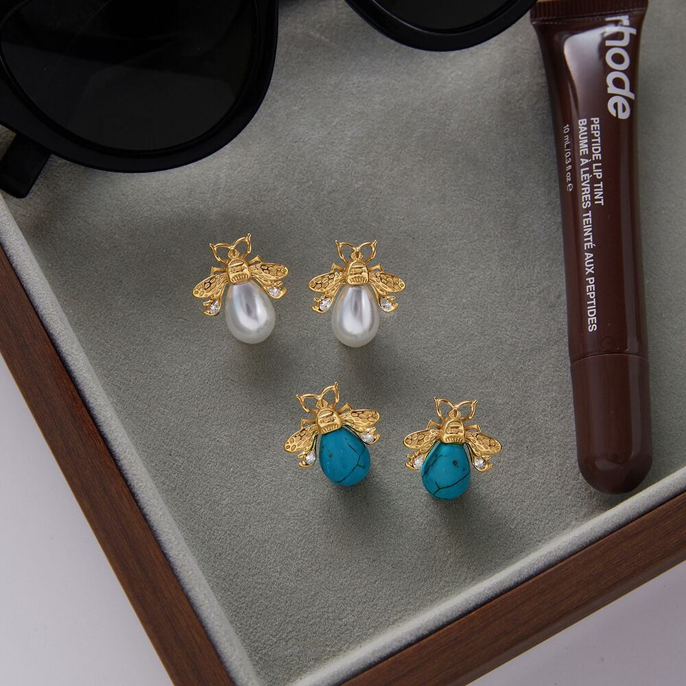 1 Paar elegante, wasserdichte Ohrstecker aus Edelstahl in Goldfarbe mit Insektenmotiv und Zirkonia-Natursteinen für Damen h5Bild7