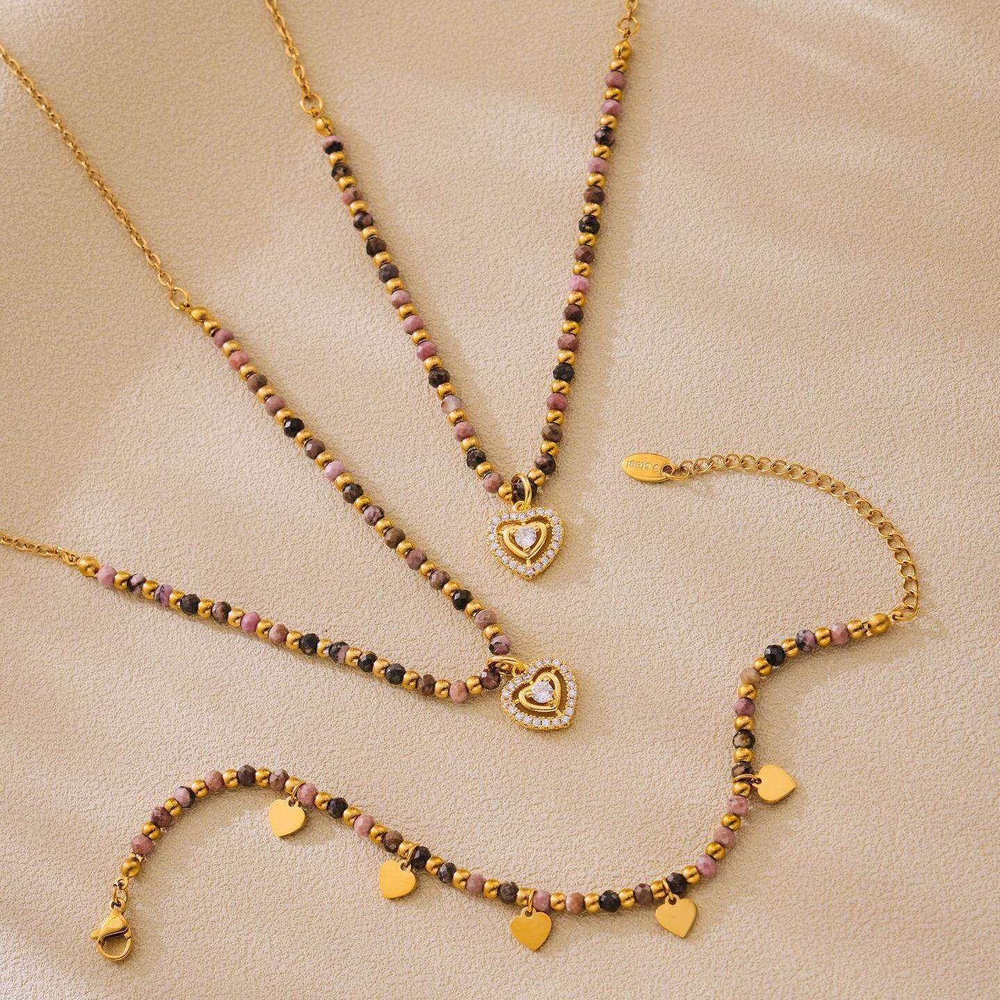Set di gioielli da donna in acciaio inossidabile con cuore vintage, impermeabili, color oro, con pietra naturale