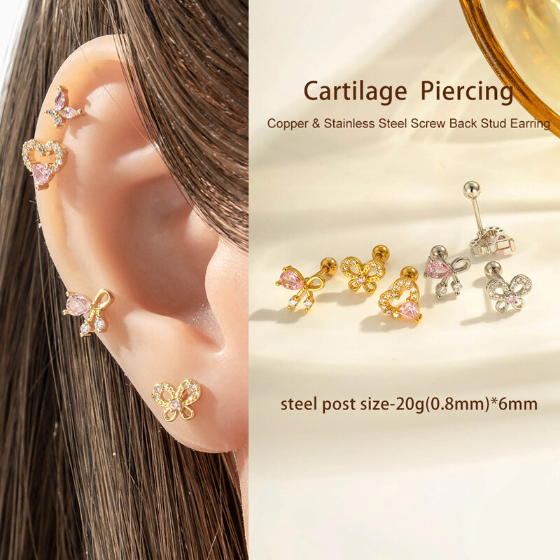 1 Parça Kalp Fiyonk Düğüm Kelebek Bakır Altın Rengi Zirkonyum Piercing Küpe h5Resim4