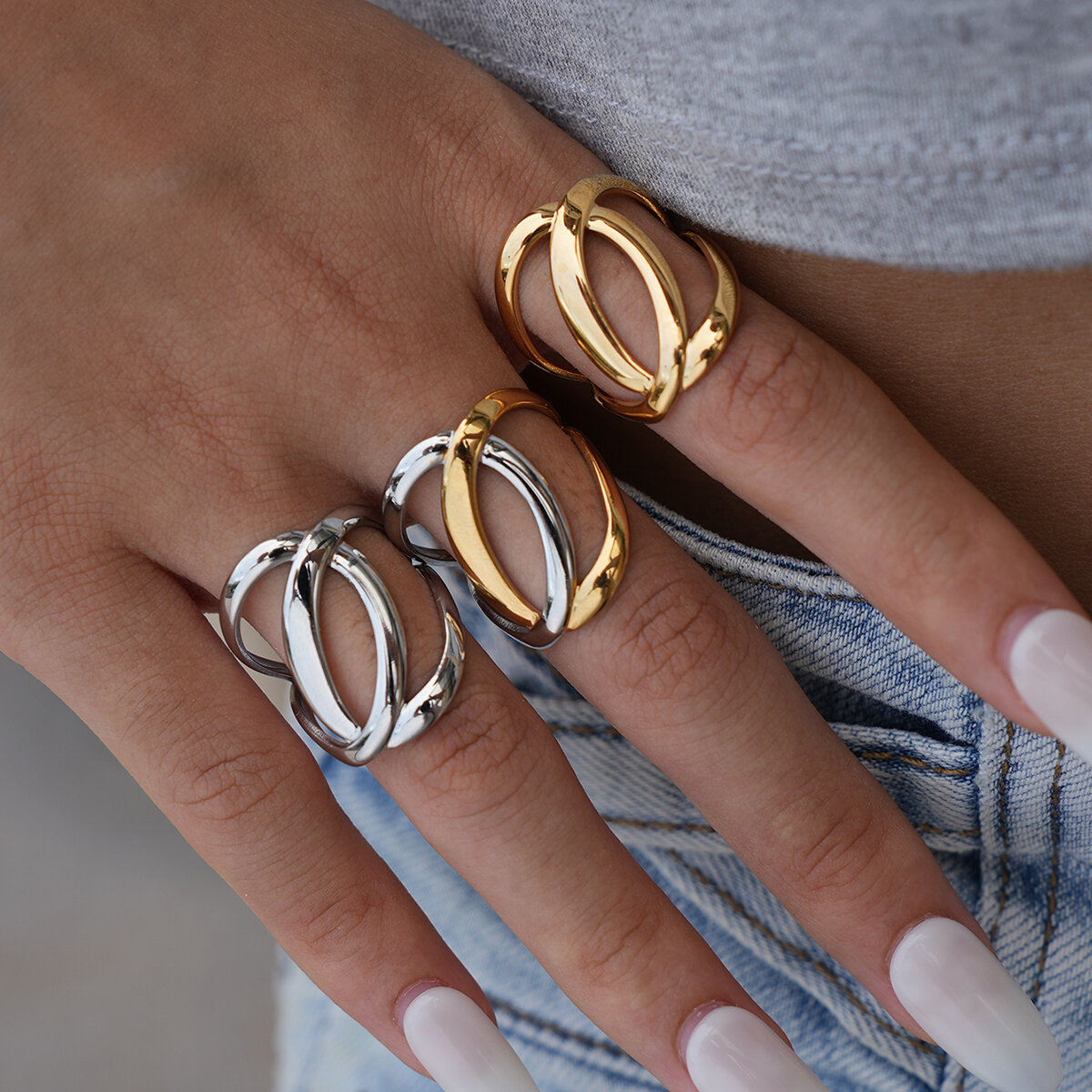 1 Piece Simple Overlap Circle Shape Stainless Steel Waterproof Gold Color Statement Rings 2
