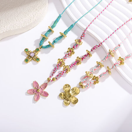 1 Piece Flower Hand-woven Rope Stainless Steel Waterproof Gold Color Women's Pendant Necklaces