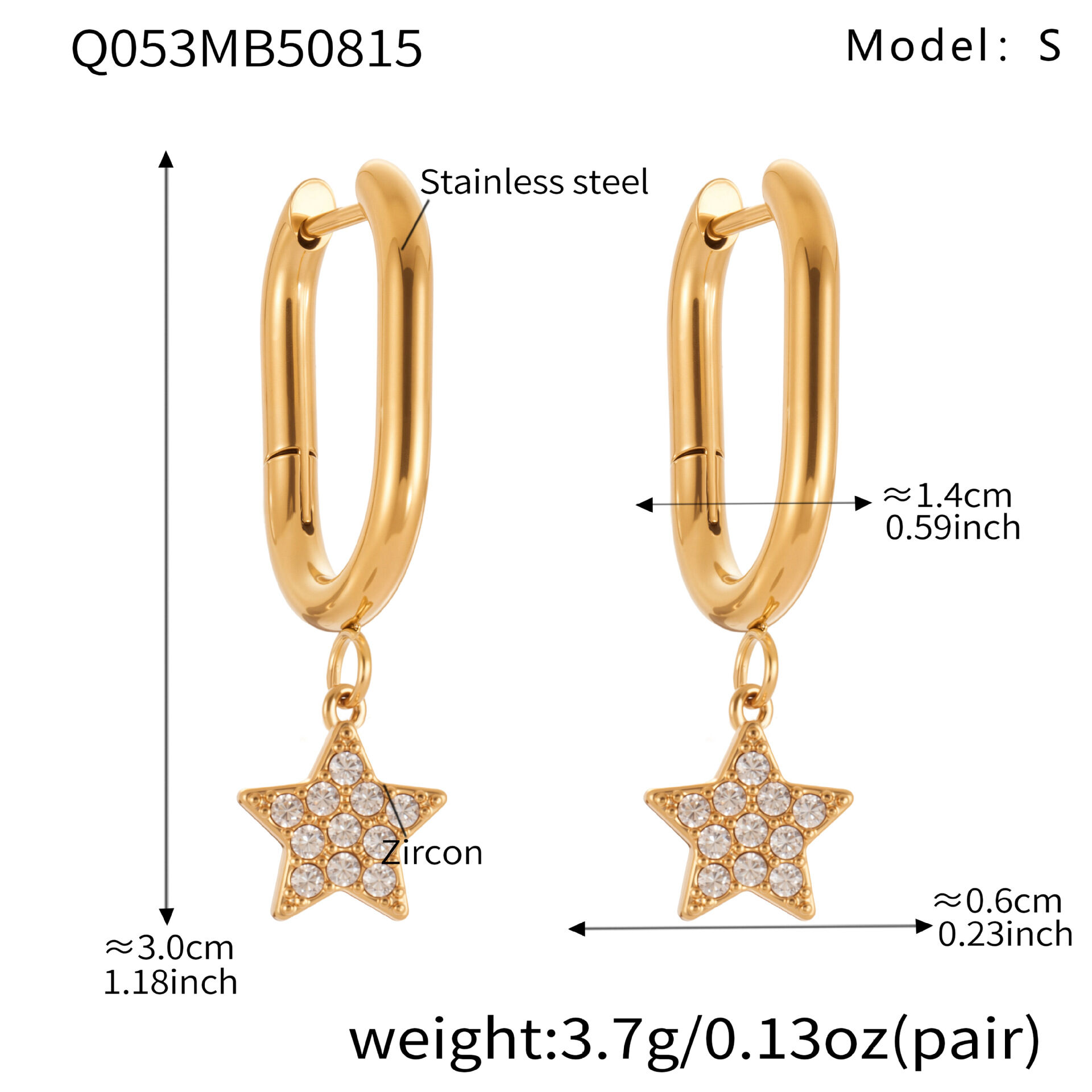 Q053-Golden Five-Pointed Star Zircon U-Shaped Earrings-S Picture2