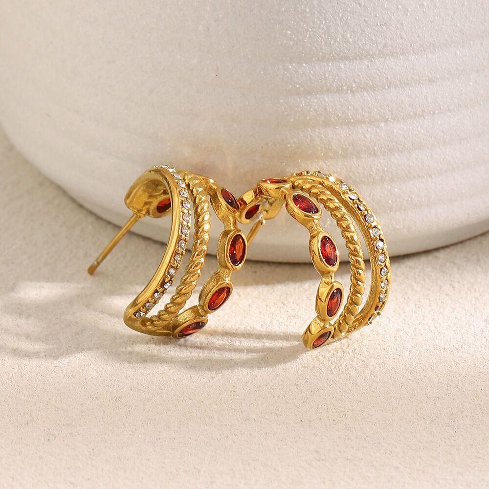 1 Pair Classic Stainless Steel Waterproof Gold Color Red Zircon Women's Hoop Earrings h5Picture5