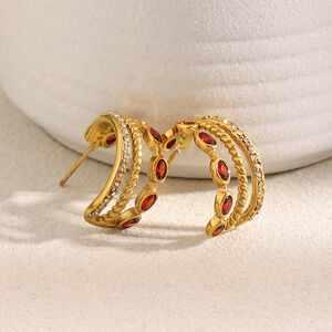 1 Pair Classic Stainless Steel Waterproof Gold Color Red Zircon Women's Hoop Earrings h5 Picture5