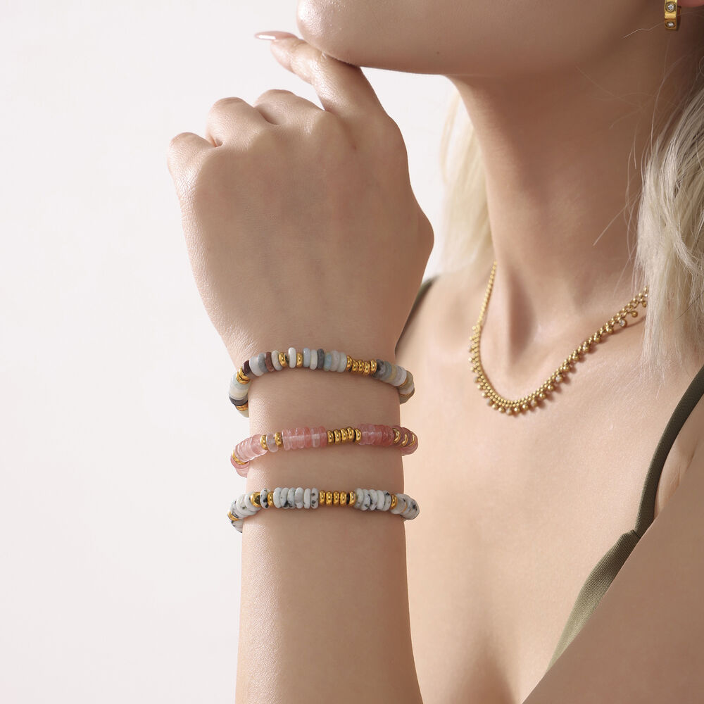 1 Stück Retro-Armband aus Natursteinperlen, Edelstahl, wasserdicht, goldfarben, für Damen h5Bild5