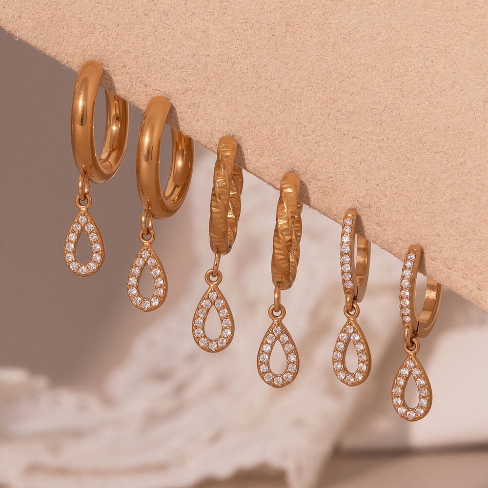 1 Pair Chic Droplet Stainless Steel Waterproof Gold Color Zircon Women's Drop Earrings h5Picture5