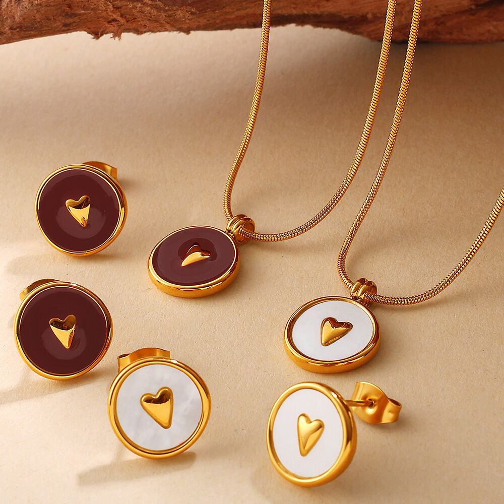 Enamel Heart Stainless Steel Waterproof  Gold Color Necklace Set
