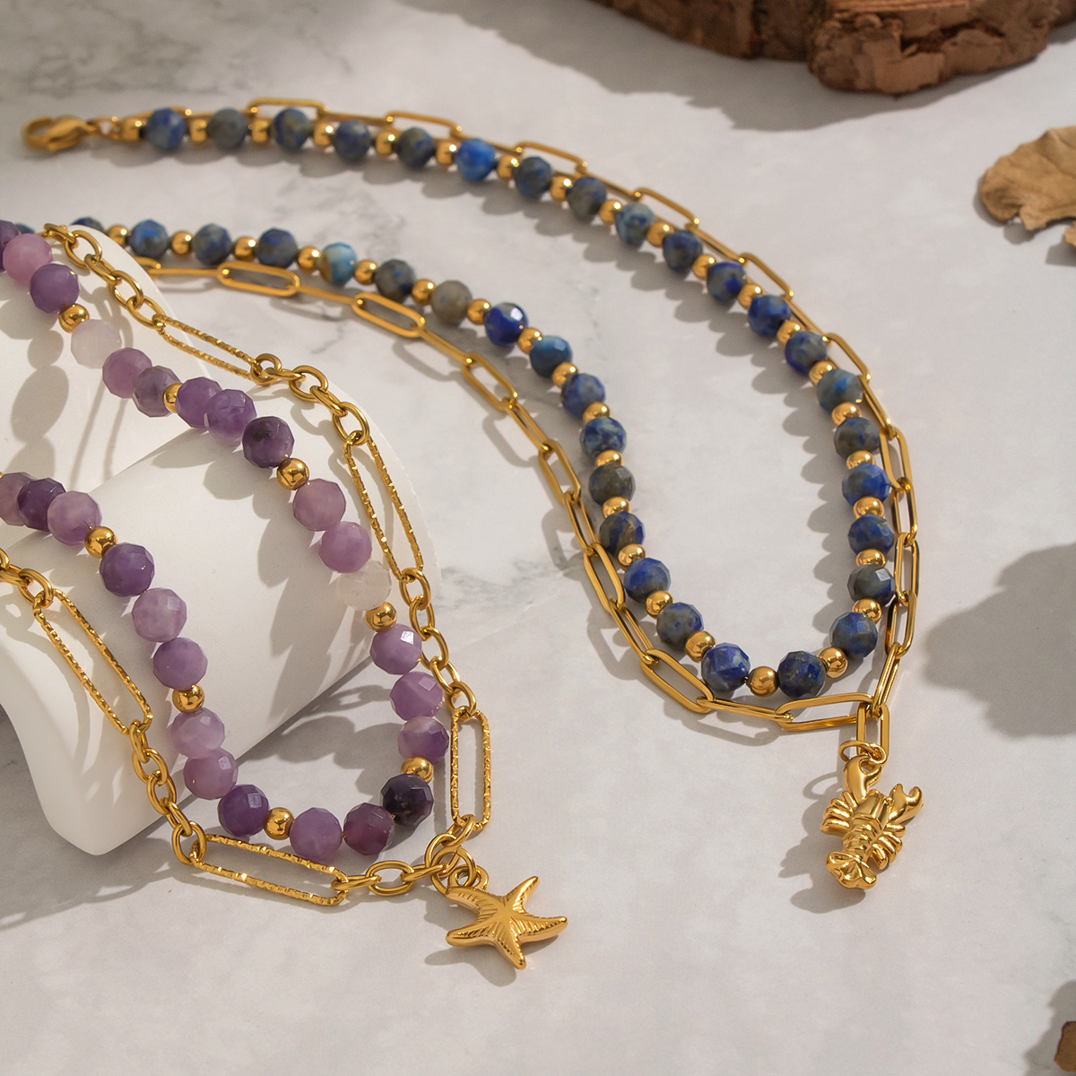 Collana con perline in pietra naturale color oro impermeabile in acciaio inossidabile da 1 pezzo