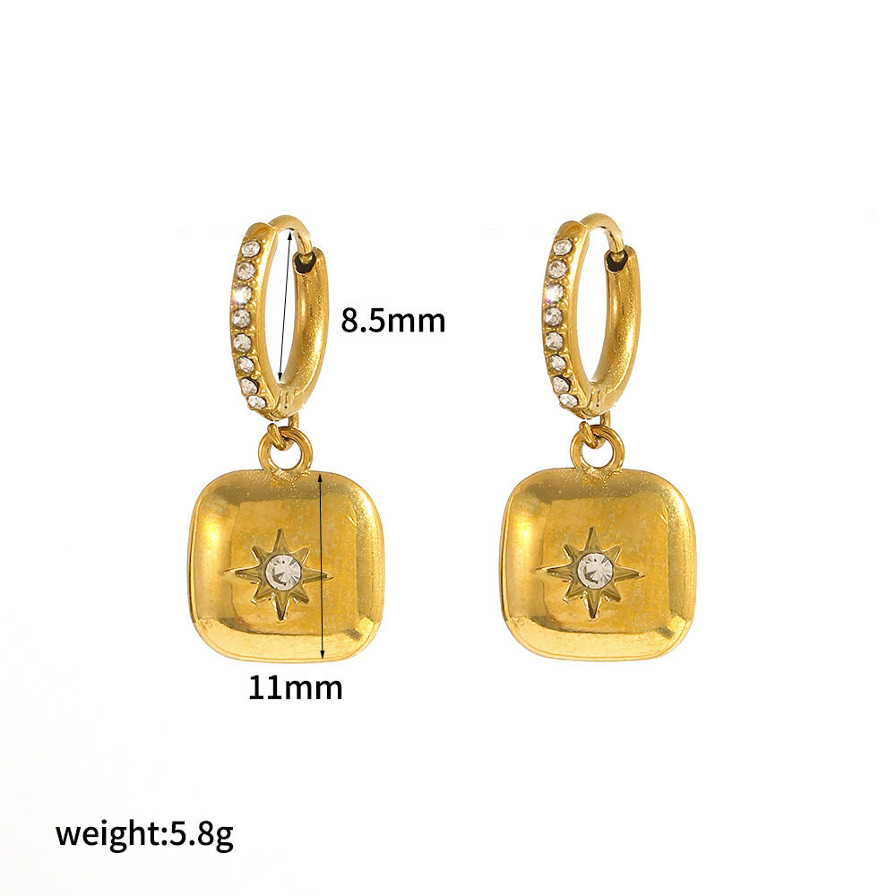 1 paio di orecchini pendenti da donna in acciaio inossidabile Shinning Moon, impermeabili, color oro, con zirconi