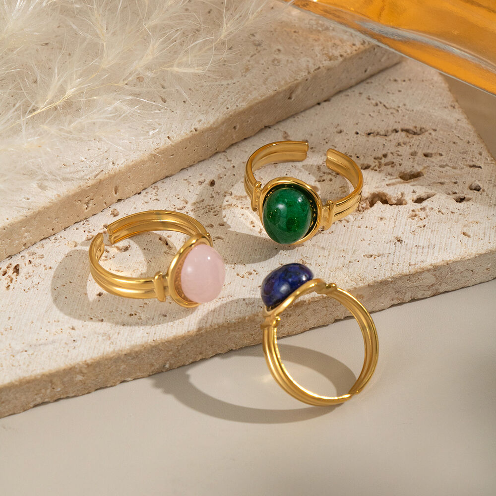 1 Piece Retro Circle Stainless Steel Waterproof Gold Color Natural Stone Women's Gemstone Rings Picture2
